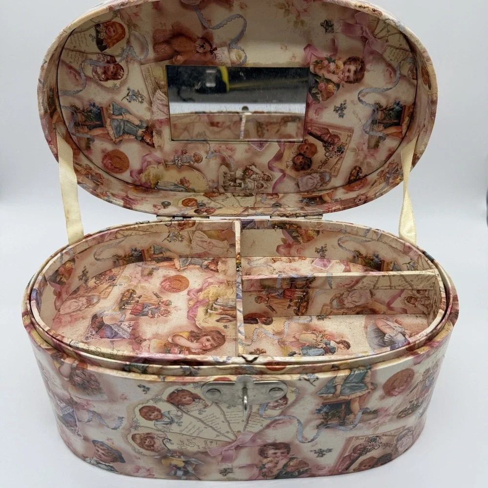 Vintage Decoupage Sewing Box Victorian Children Illustrations Craft Storage Case